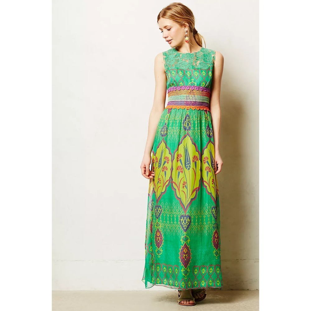 Anthropologie Hemant Nandita Womens Green Silk Lace Crochet Waist Maxi Dress 10